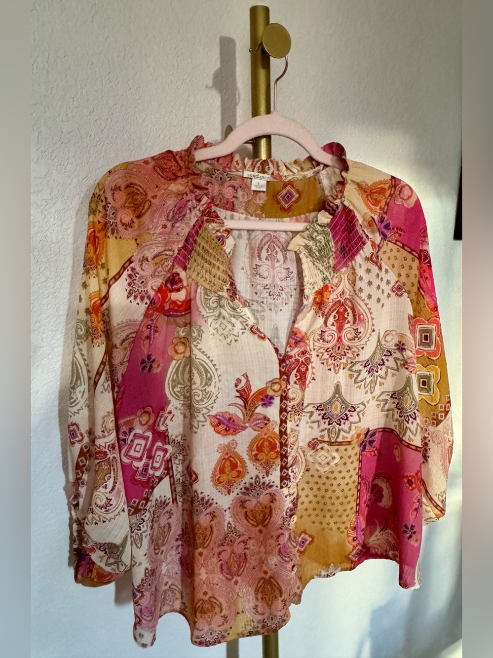 Sundance Paisley Multicolor Floral Ruffle Neck Blouse / Size Large